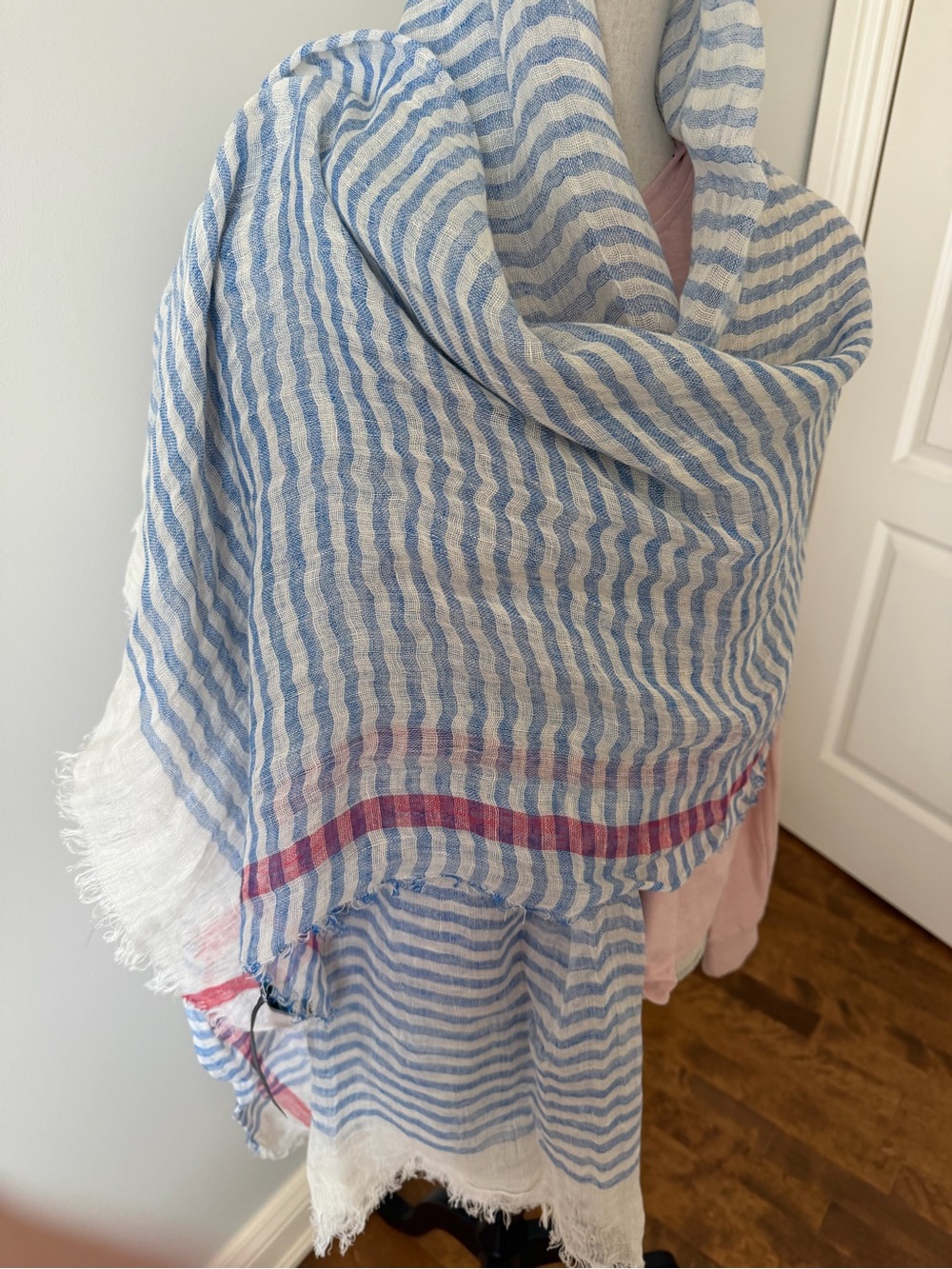 Zara Blue and White Striped Linen Scarf with Pink Detail